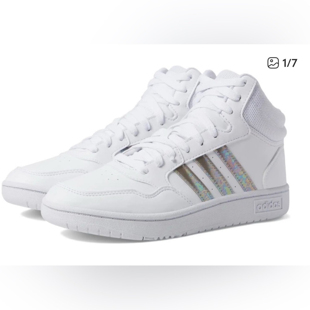 Adidas White High-Tops with Iridescent Stripes

Adidas Hoops Mid White